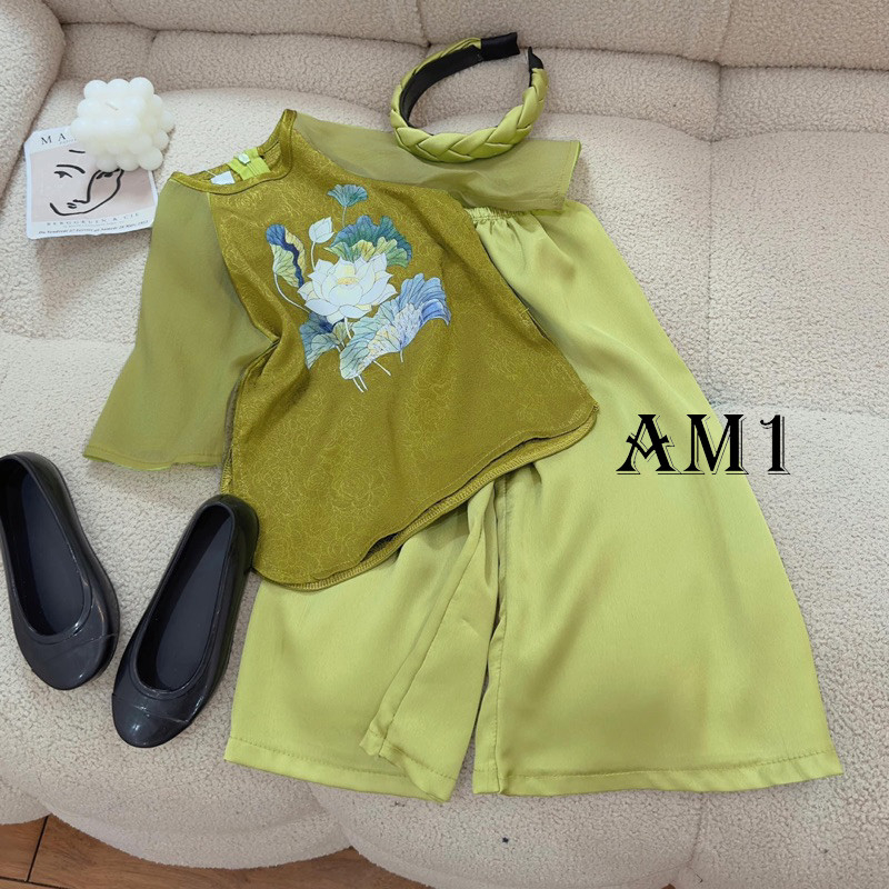 Bộ quần áo bé gái - Set bà ba lụa tay voan cho bé gái TTR377