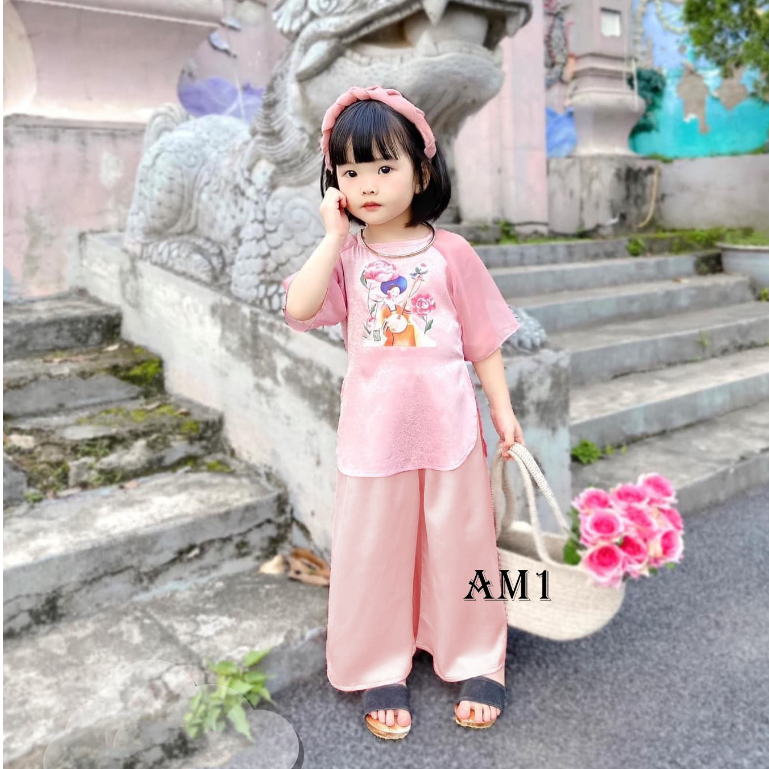 Bộ quần áo bé gái - Set bà ba lụa tay voan cho bé gái TTR377