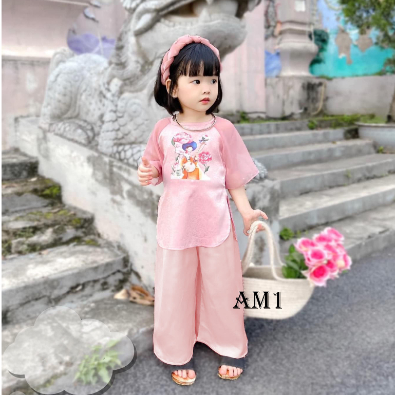 Bộ quần áo bé gái - Set bà ba lụa tay voan cho bé gái TTR377