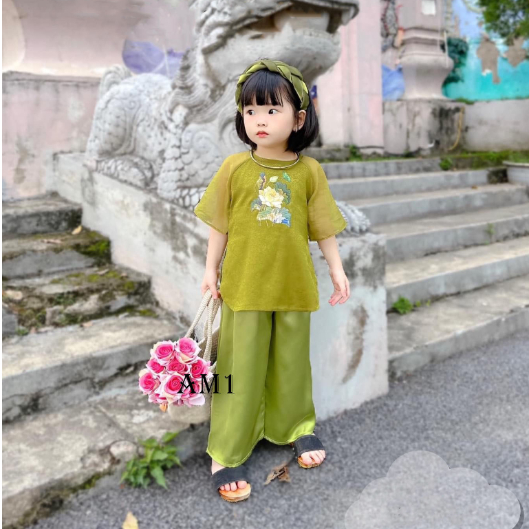 Bộ quần áo bé gái - Set bà ba lụa tay voan cho bé gái TTR377