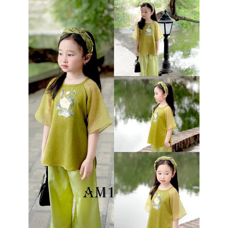 Bộ quần áo bé gái - Set bà ba lụa tay voan cho bé gái TTR377