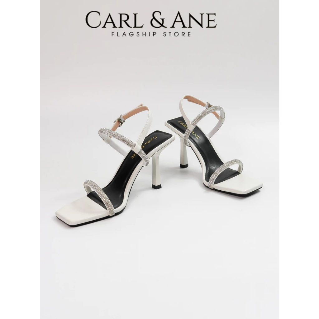 Carl & Ane - Giày sandal cao gót nữ mũi vuông đính đá sang trọng quai mảnh màu trắng 9cm _ WD014