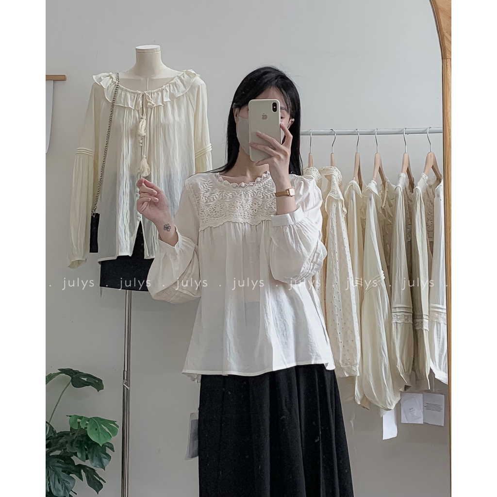 Áo babydoll dài tay ren ngực xếp ly tay 2 màu