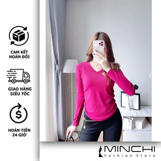 Áo thun nữ cổ tim dài tay MINCHI chất thun tăm cao cấp  nhiều màu siêu đẹp  , màu đa dạng