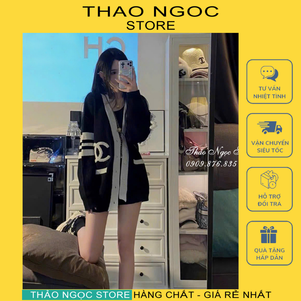 Áo khoác len cardigan nữ tay dài phối sọc, áo khoác ngoài hàng nhập QC.  THẢO NGỌC STORE