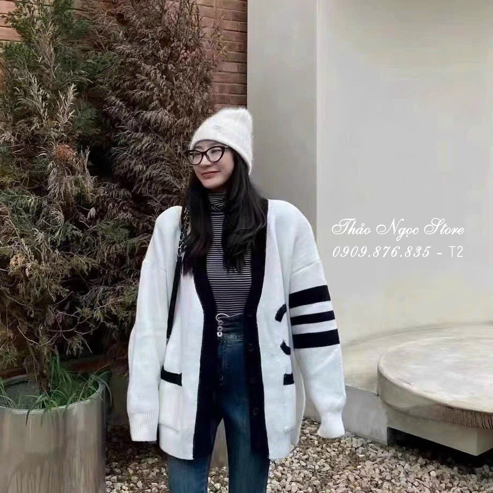 Áo khoác len cardigan nữ tay dài phối sọc, áo khoác ngoài hàng nhập QC.  THẢO NGỌC STORE