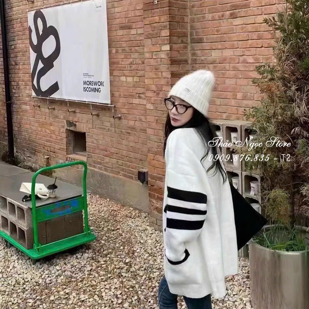 Áo khoác len cardigan nữ tay dài phối sọc, áo khoác ngoài hàng nhập QC.  THẢO NGỌC STORE