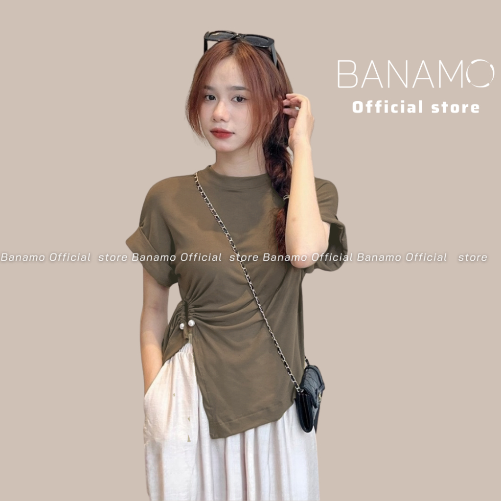 Áo thun Xẻ Tà Ngắn Tay mix ngọc form ôm trẻ trung siêu xinh cực hot