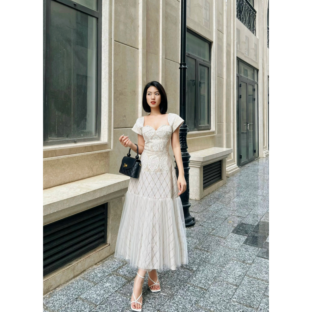 CHICHI - Váy ren chỉ dệt ốp taffta Robe Princesse