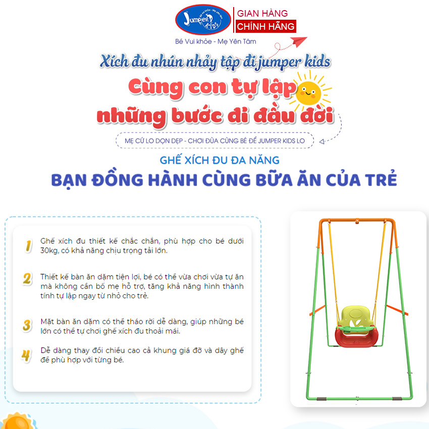 Combo Xích Đu Nhún Nhảy Tập Đi Cho Bé JUMPER KIDS JPKG102 Cao Cấp Có Thêm Chân Ngang Và Ghế Xích Đu Tích Hợp Bàn Ăn Dặm