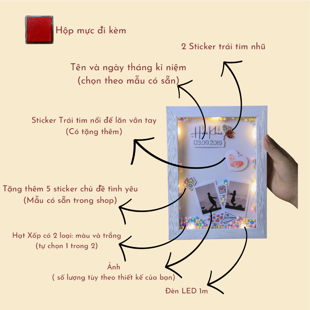 Khung ảnh in dấu vân tay tình yêu, kích thước 13x18, 15x21 mặt kính