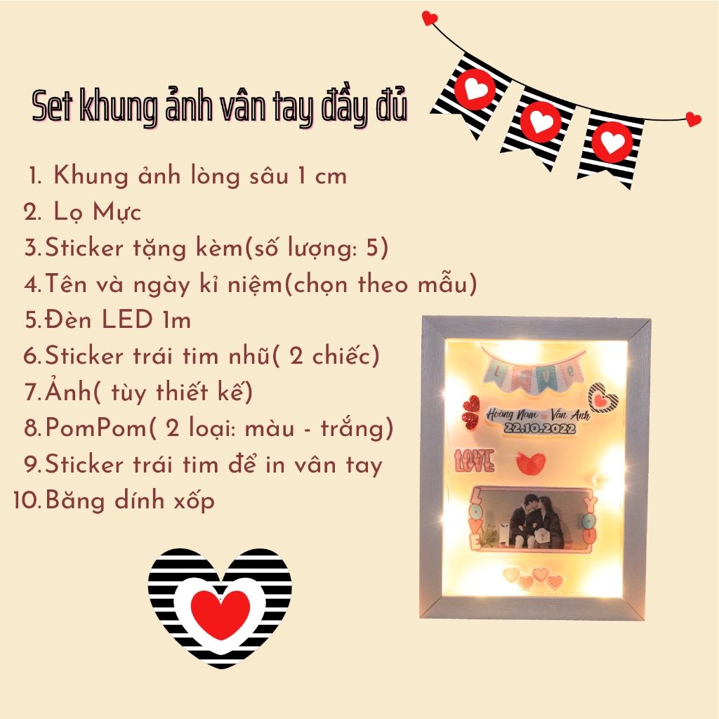 Khung ảnh in dấu vân tay tình yêu, kích thước 13x18, 15x21 mặt kính