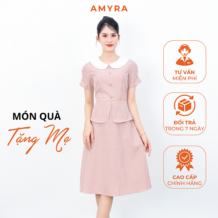 Đầm Xòe Caro Công Sở Bigsize AMYRA, Thiết Kế Dáng Xòe Đính Nút Phối Cổ Cánh Bướm Cao Cấp Phù Hợp Đi Làm Đi Tiệc DA202