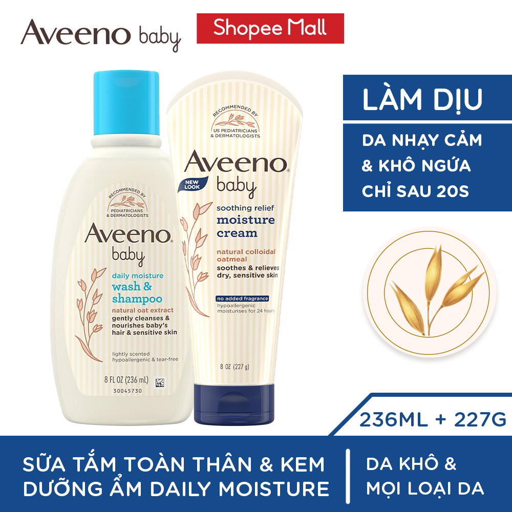 Bộ làm sạch & kem dưỡng ẩm dành cho em bé da nhạy cảm Aveeno Baby Daily Moisture