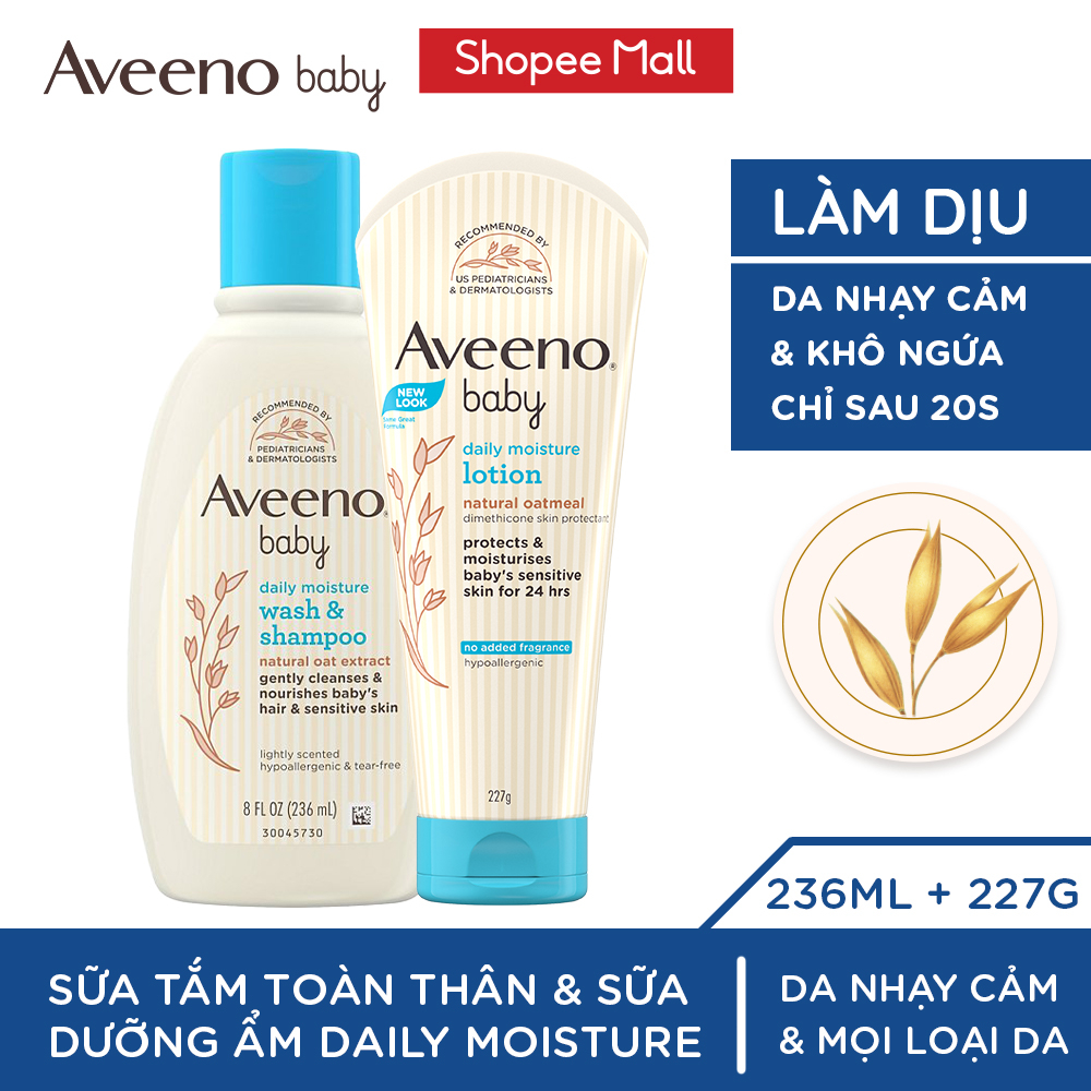 Bộ làm sạch & sữa dưỡng ẩm dành cho em bé da nhạy cảm Aveeno Baby Daily Moisture (227g+236ml)