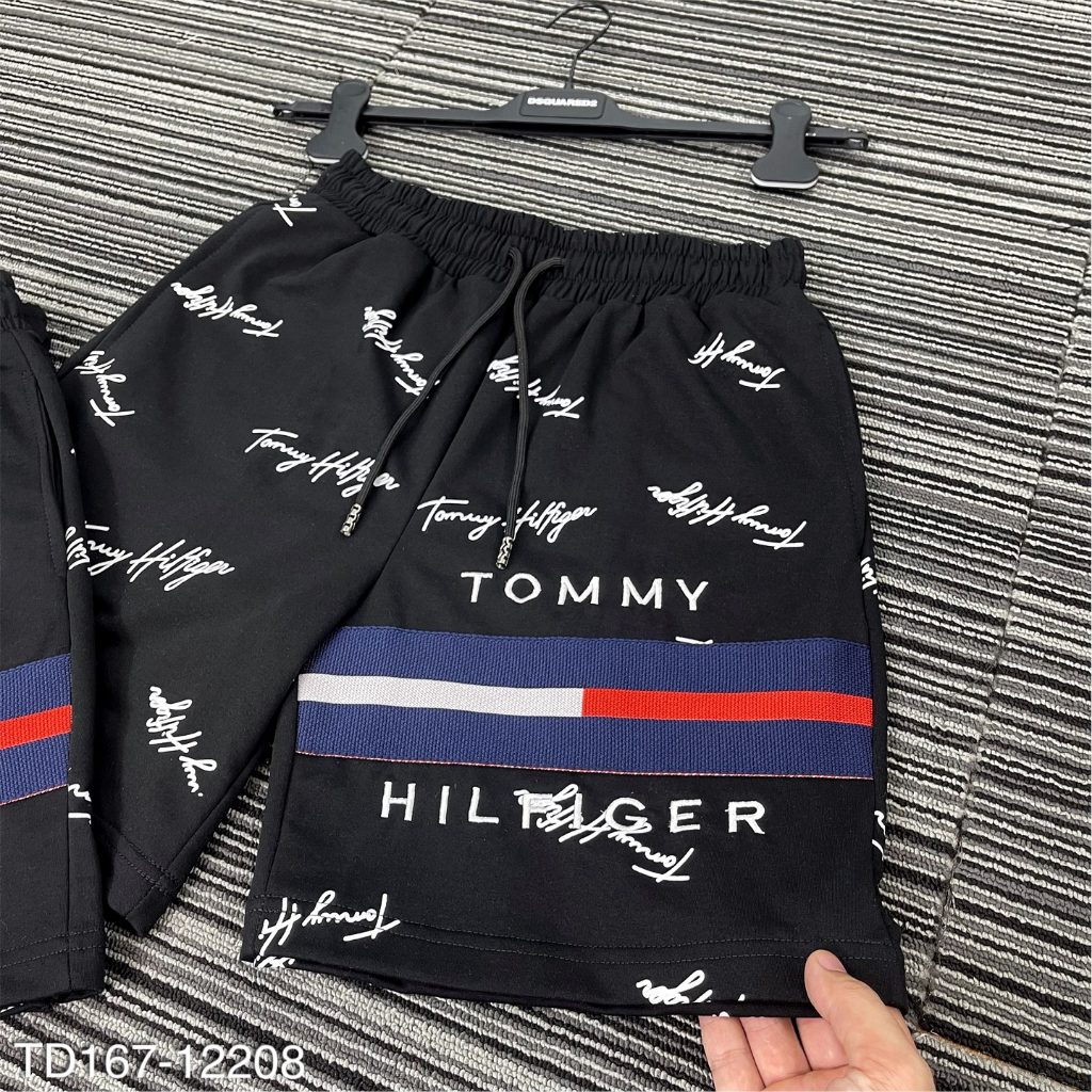 Quần đùi TOMMY hoạ tiết thêu kẻ ngang chữ chất vải dày dặn - Quần đùi nam nữ hot trend 2023