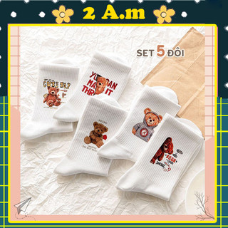 Tất vớ nữ cổ cao - Tất vớ in hoạ tiết gấu dễ thương set 5 đôi