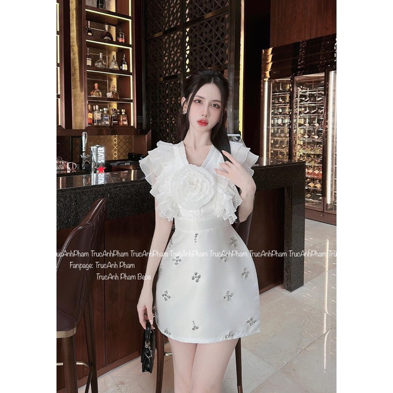 Váy bèo hoa dập ly đính đá , e về màu đen trắng