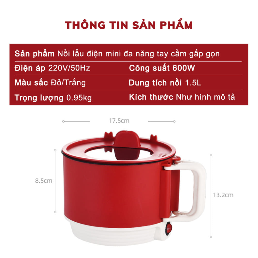 Nồi Lẩu Điện Mini Đa Năng Tay Cầm Gấp Gọn Dung Tích 1.5L Công Suất 450W Chống Dính Siêu Tiện Lợi