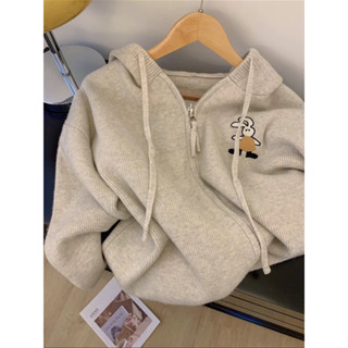  Áo khoác nỉ zip nữ có mũ form rộng lửng logo thỏ dễ thương phong cách Hàn Quốc 