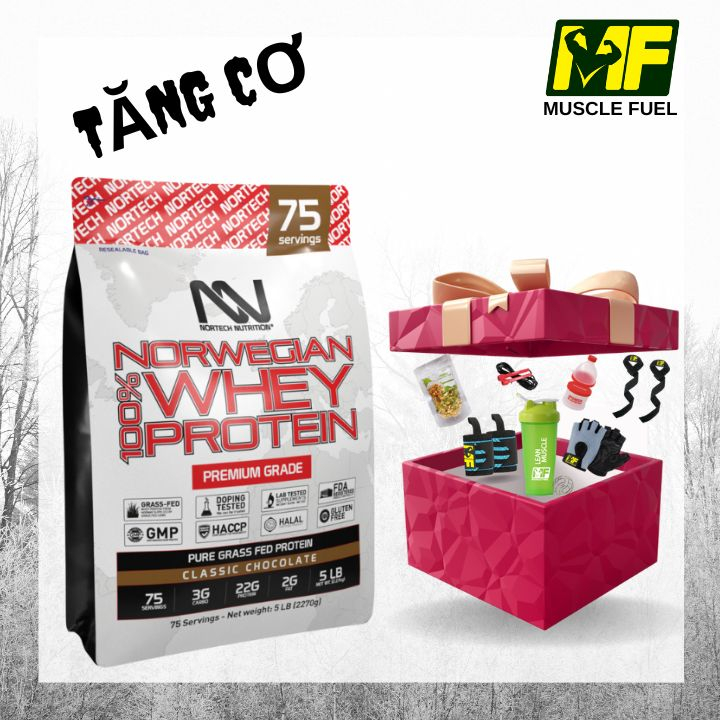 Nortech Norwegian 100% Whey Protein 5 LB (2270g) Classic Chocolate 75 liều dùng. Whey protein hổ trợ tăng cơ, giảm mỡ.