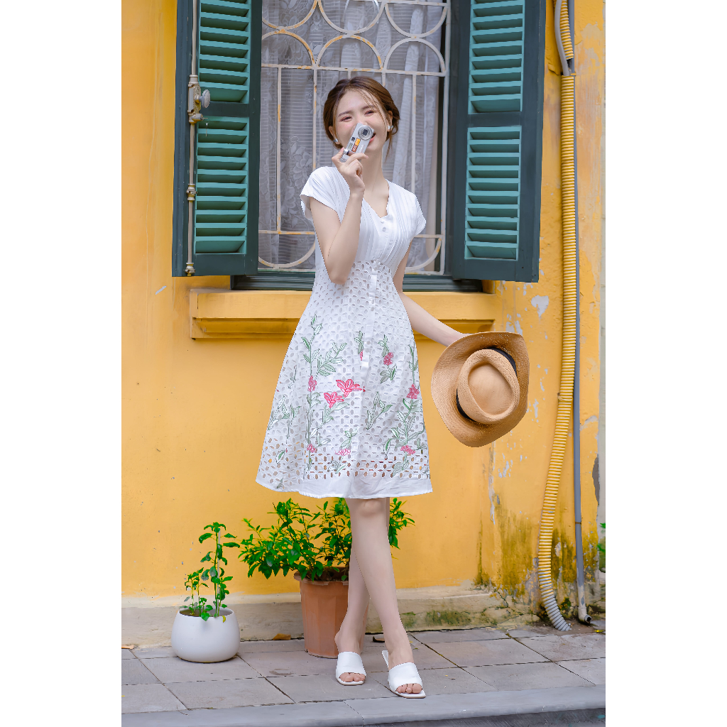 Váy thiết kế MAYY FASHION thô đũi trắng cổ V tay chờm Juliet