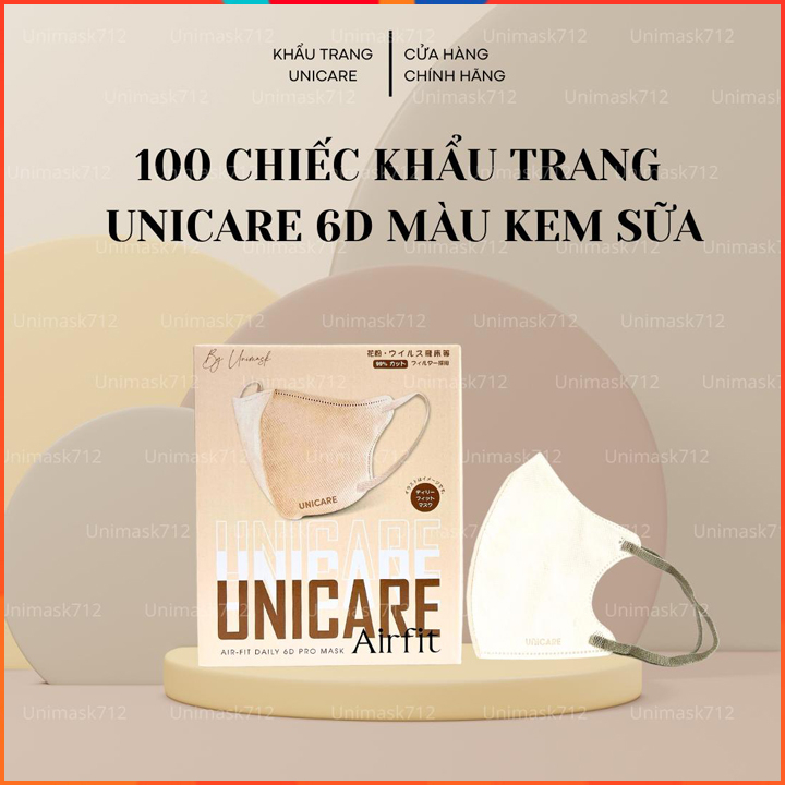 Thùng 100 chiếc khẩu trang 6D Unicare màu Kem sữa, Khẩu trang 6D màu Kem sữa cao cấp