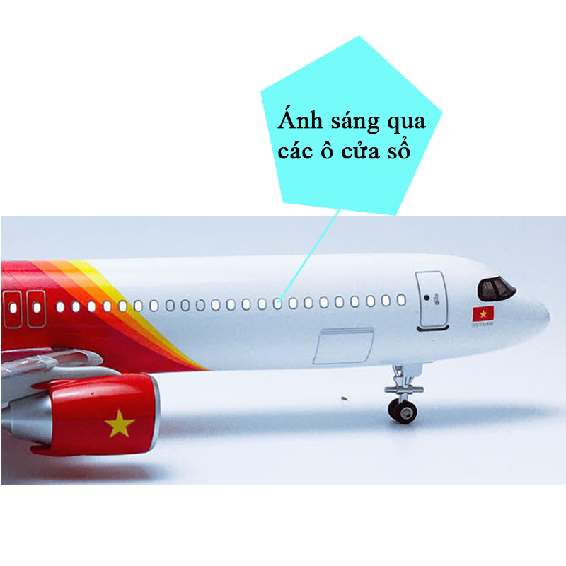 Mô hình máy bay Vietjet A320 KAVY bằng hợp kim và nhựa có đèn led, nhạc và bánh xe dài 47cm kèm chân đỡ