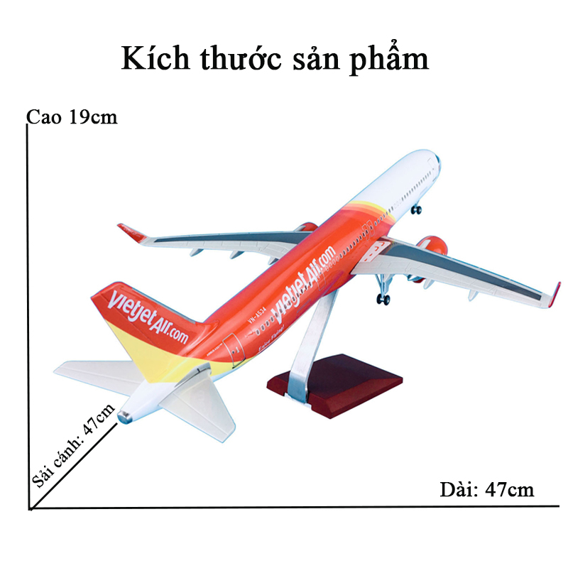 Mô hình máy bay Vietjet A320 KAVY bằng hợp kim và nhựa có đèn led, nhạc và bánh xe dài 47cm kèm chân đỡ