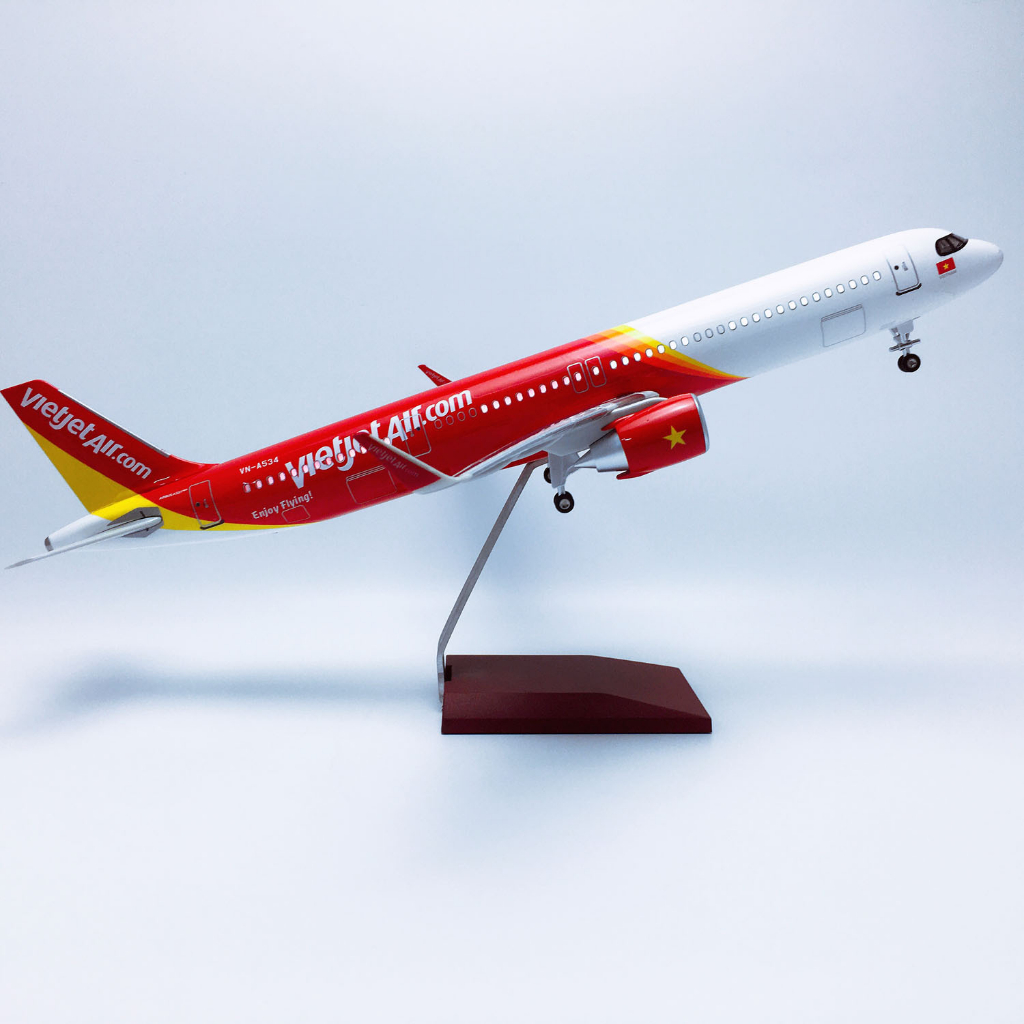 Mô hình máy bay Vietjet A320 KAVY bằng hợp kim và nhựa có đèn led, nhạc và bánh xe dài 47cm kèm chân đỡ