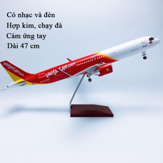 Mô hình máy bay Vietjet A320 có đèn led và bánh xe dài 47cm kèm chân đế