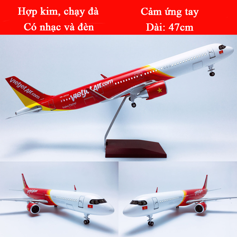 Mô hình máy bay Vietjet A320 KAVY bằng hợp kim và nhựa có đèn led, nhạc và bánh xe dài 47cm kèm chân đỡ