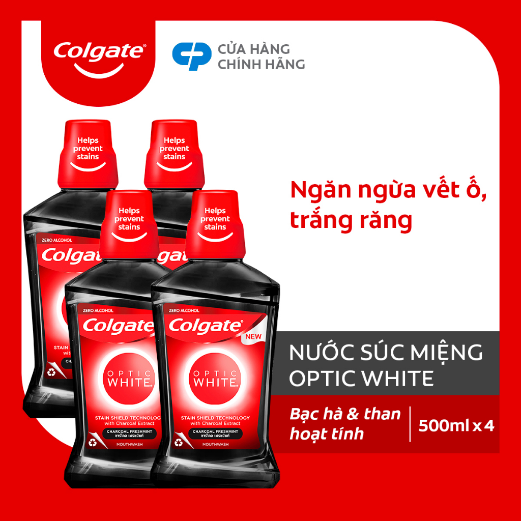 Bộ 4 Nước súc miệng Colgate trắng răng Optic White than hoạt tính bạc hà the mát 500ml/chai