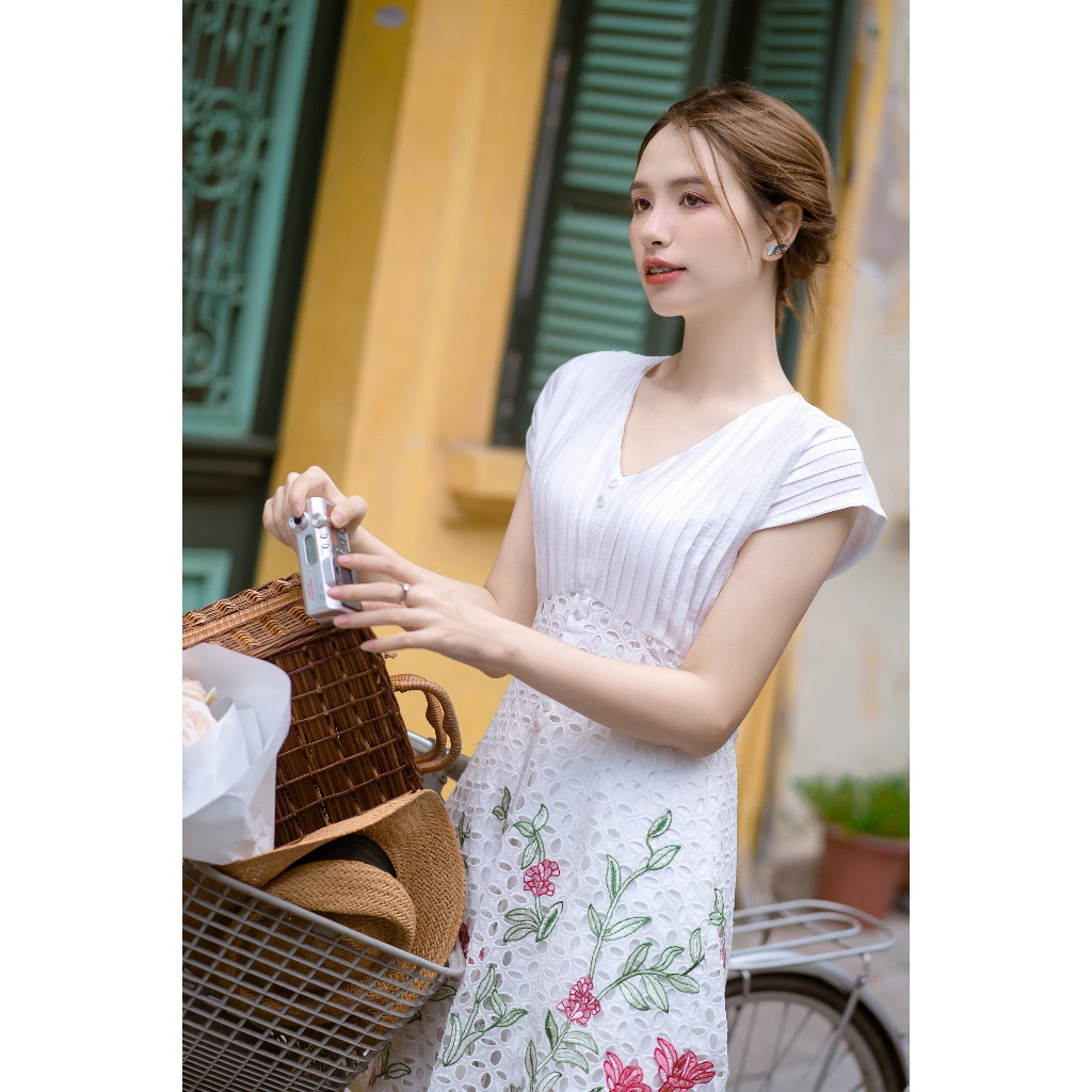Váy thiết kế MAYY FASHION thô đũi trắng cổ V tay chờm Juliet