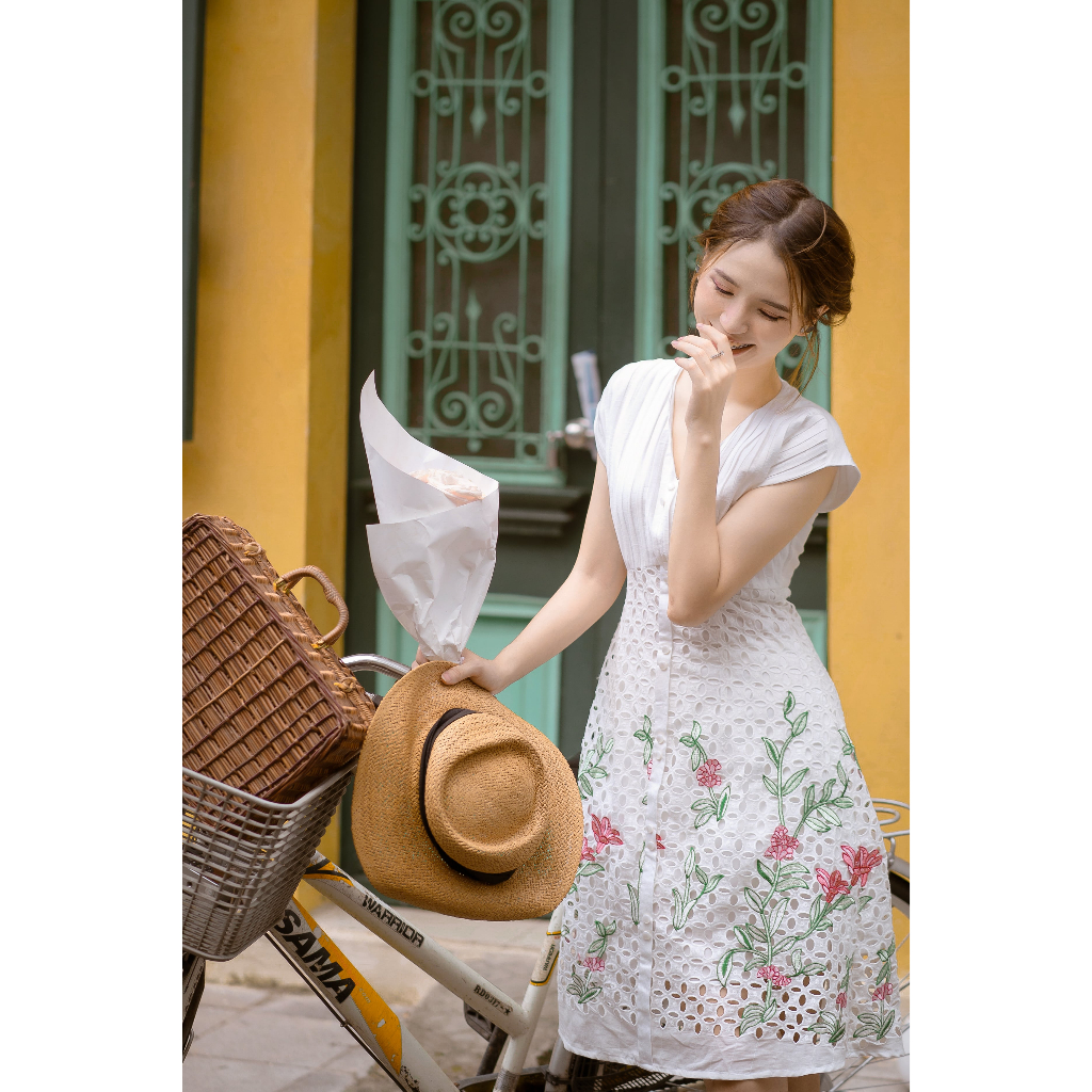 Váy thiết kế MAYY FASHION thô đũi trắng cổ V tay chờm Juliet