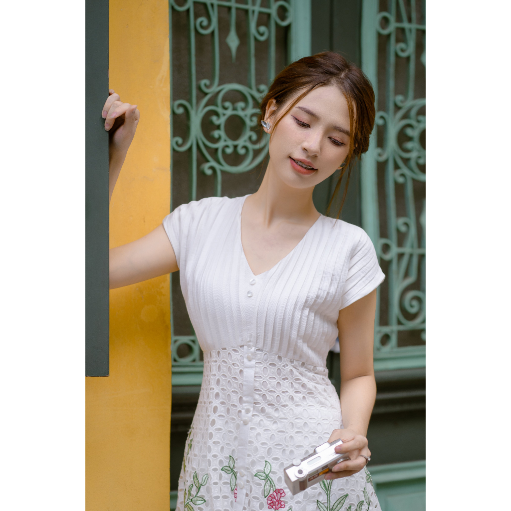 Váy thiết kế MAYY FASHION thô đũi trắng cổ V tay chờm Juliet
