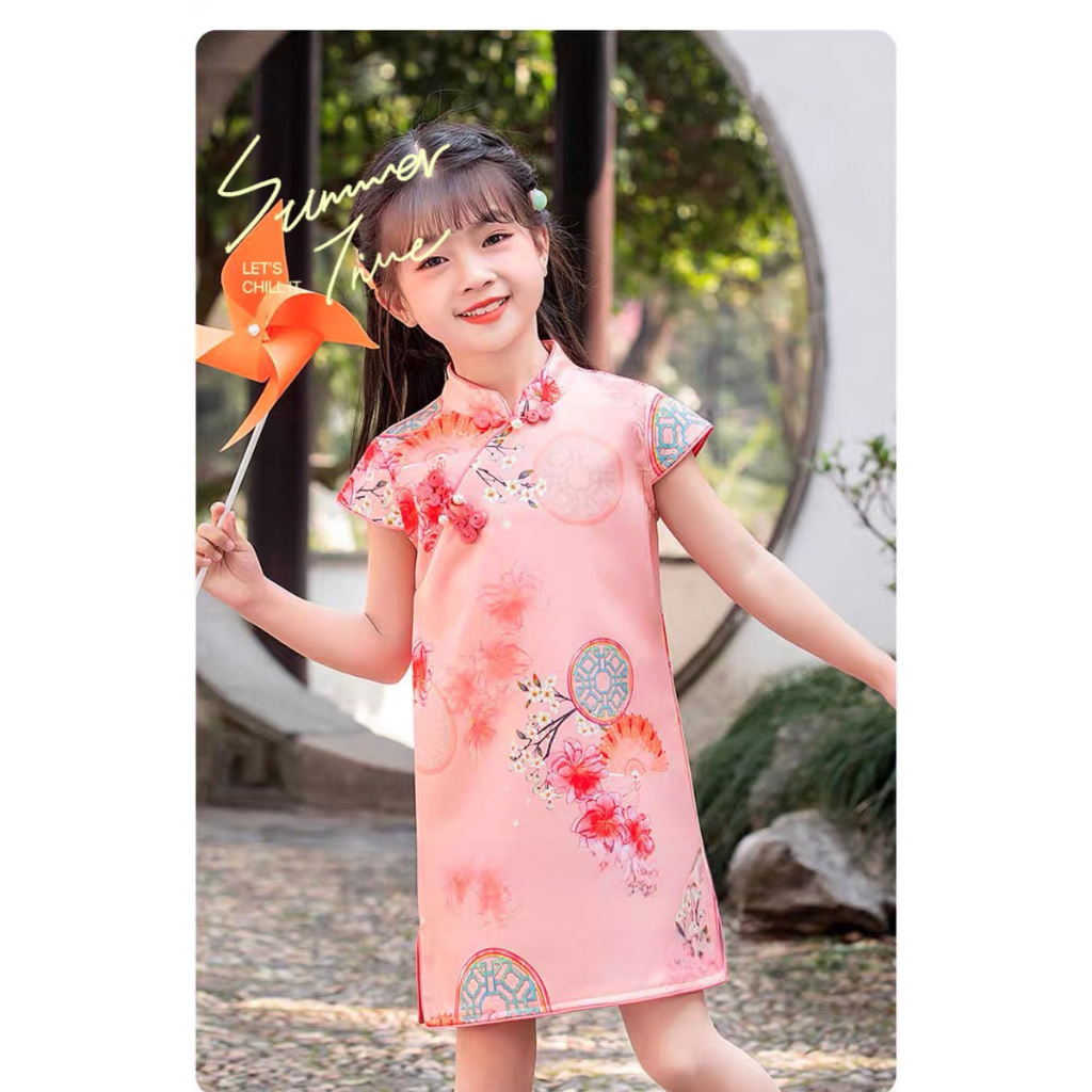 Váy bé gái, váy sườn xám hồng chất vải lụa xịn xò cho bé 10-30kg