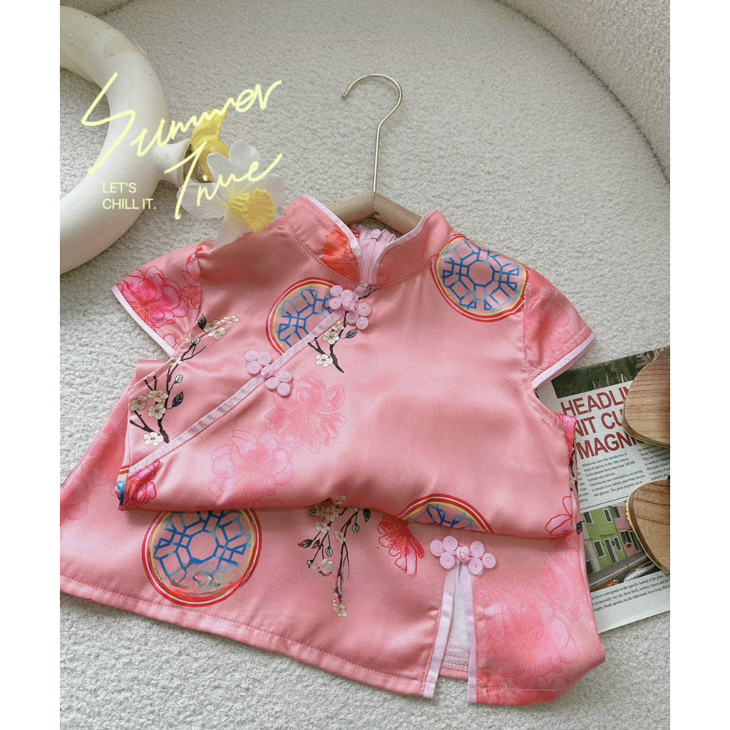 Váy bé gái, váy sườn xám hồng chất vải lụa xịn xò cho bé 10-30kg