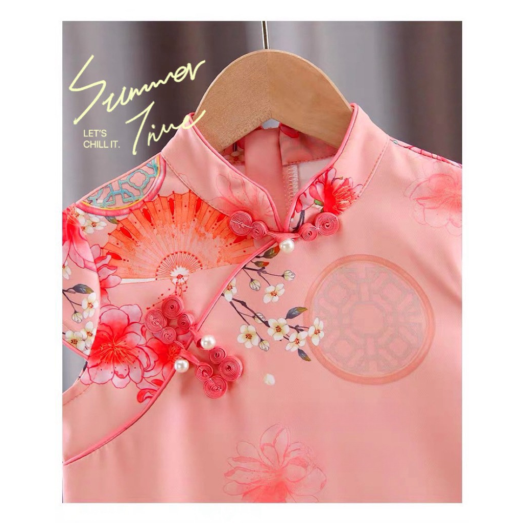 Váy bé gái, váy sườn xám hồng chất vải lụa xịn xò cho bé 10-30kg