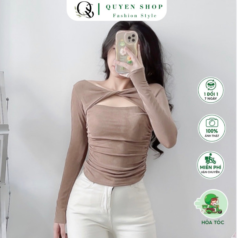 Áo Thun Nhũ Tay Dài Xoắn Ngực_Video+Ảnh Thật_QS QUYEN SHOP