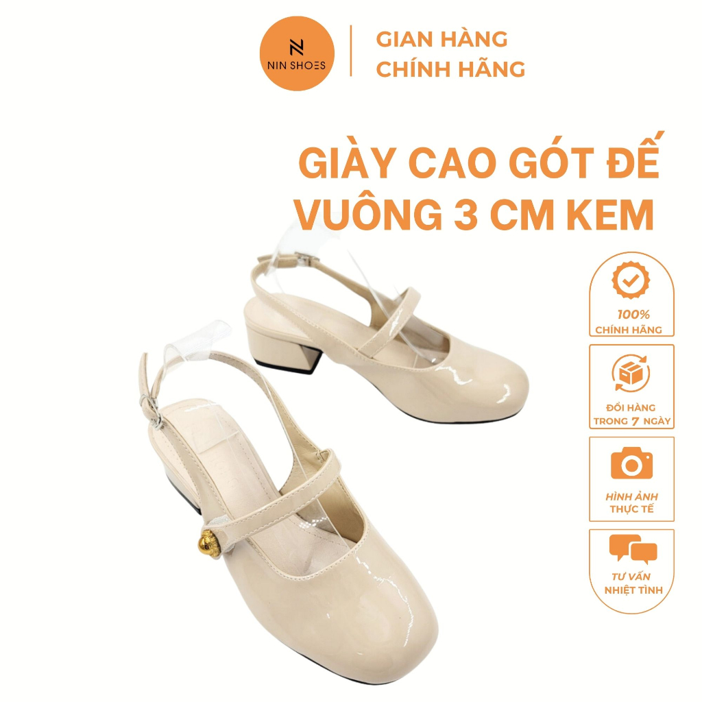 Giày cao gót đế vuông 3 cm Ninshoes mũi tròn dáng slingback quai ngang đính cúc vàng