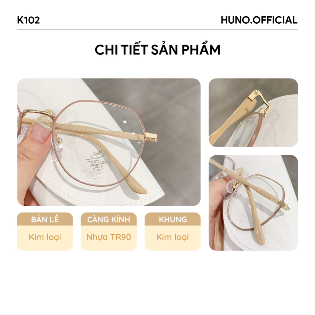 Gọng kính nam nữ HUNO mắt kính gọng vuông tròn kim loại thời trang cao cấp chống ánh sáng xanh - K102