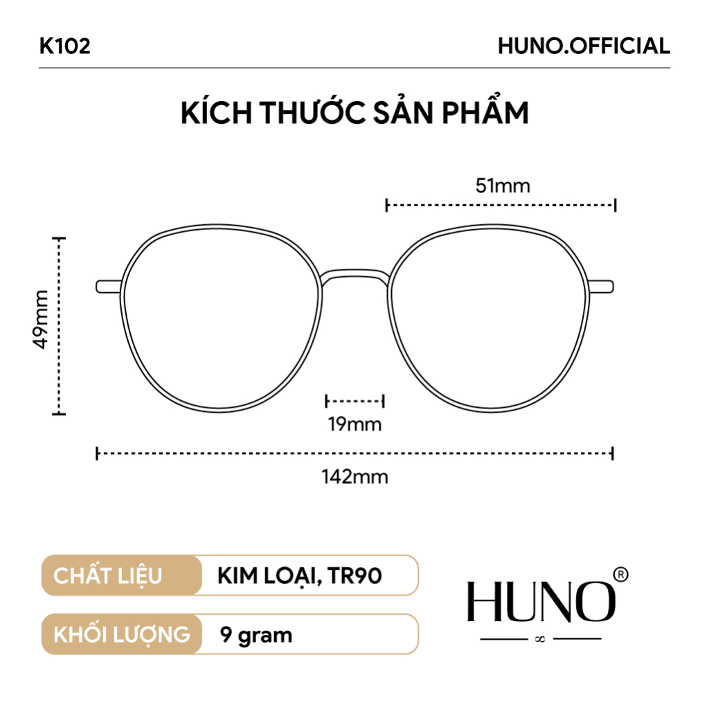 Gọng kính nam nữ HUNO mắt kính gọng vuông tròn kim loại thời trang cao cấp chống ánh sáng xanh - K102