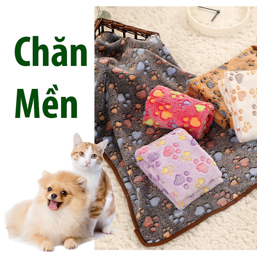 Chăn mền chó mèo bằng vải nhung ấm áp  in hình dấu chân