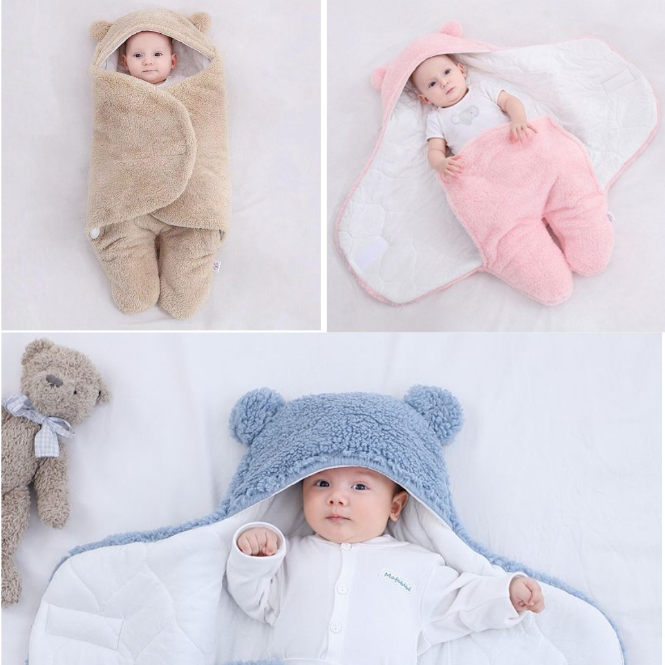 Túi ngủ mùa đông, Chăn ủ sơ sinh hình gấu, lông cừu mịn có chân cho bé