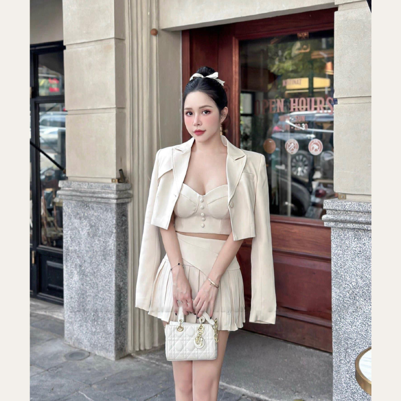 Set 3 Món Áo Vest Dài Tay Crotop Kèm Áo Dây Cúp Ngực Mix Chân Váy Xếp Ly SB6034 - Vin Store