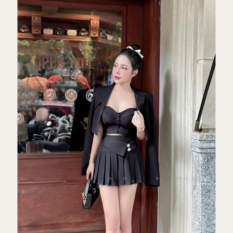 Set 3 Món Áo Vest Dài Tay Crotop Kèm Áo Dây Cúp Ngực Mix Chân Váy Xếp Ly SB6034 - Vin Store