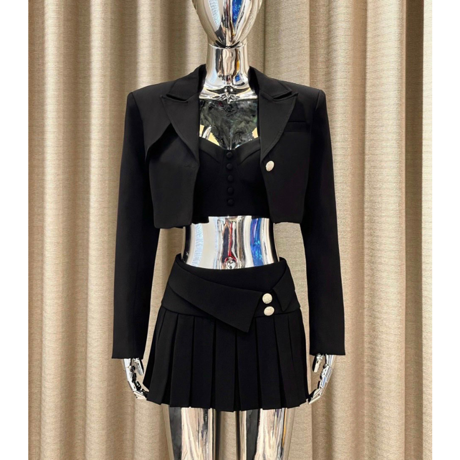 Set 3 Món Áo Vest Dài Tay Crotop Kèm Áo Dây Cúp Ngực Mix Chân Váy Xếp Ly SB6034 - Vin Store