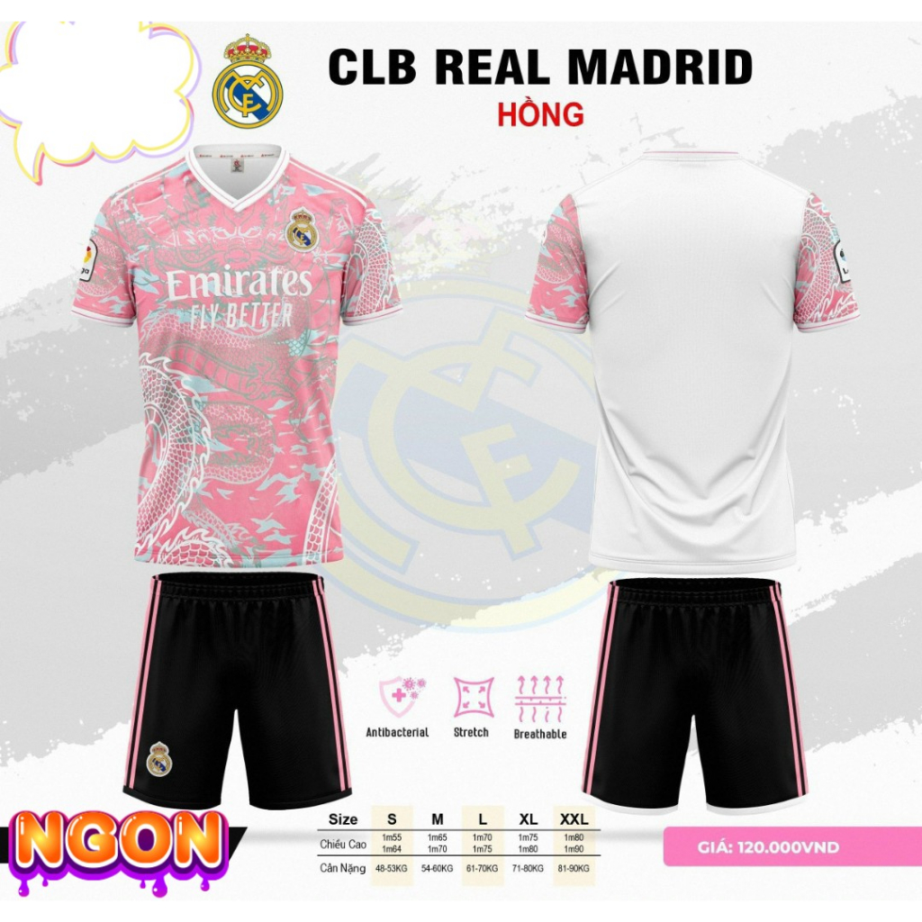 Bộ Quần Áo Đá Banh CLB REAL HỒNG 2023