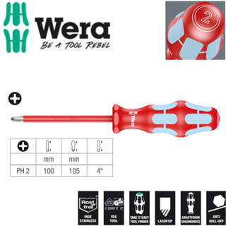  Tua vít Wera cách điện thép không gỉ 4 cạnh PH2 Wera 05022734001 3162i PH 2 x 100 mm Lasertip 